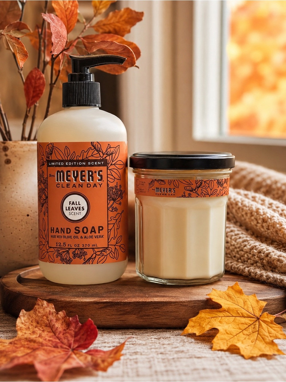 Mrs Meyer’s Fall Leaves Soy Candle 7.2oz + Hand Soap 12.5oz Gift Set NEW